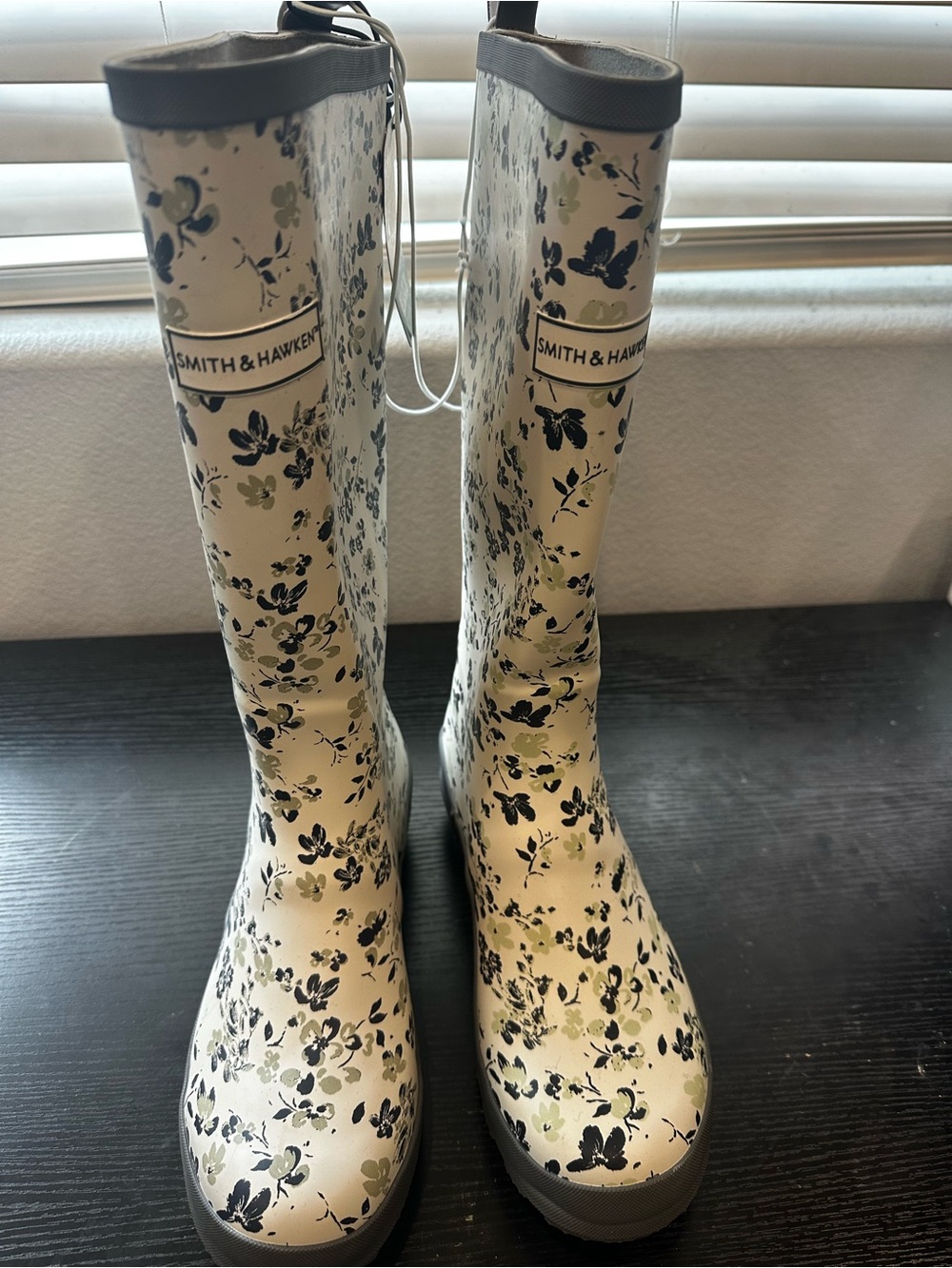 Smith & Hawken Cream Floral Tall Rain Boots with Black & Sage Print